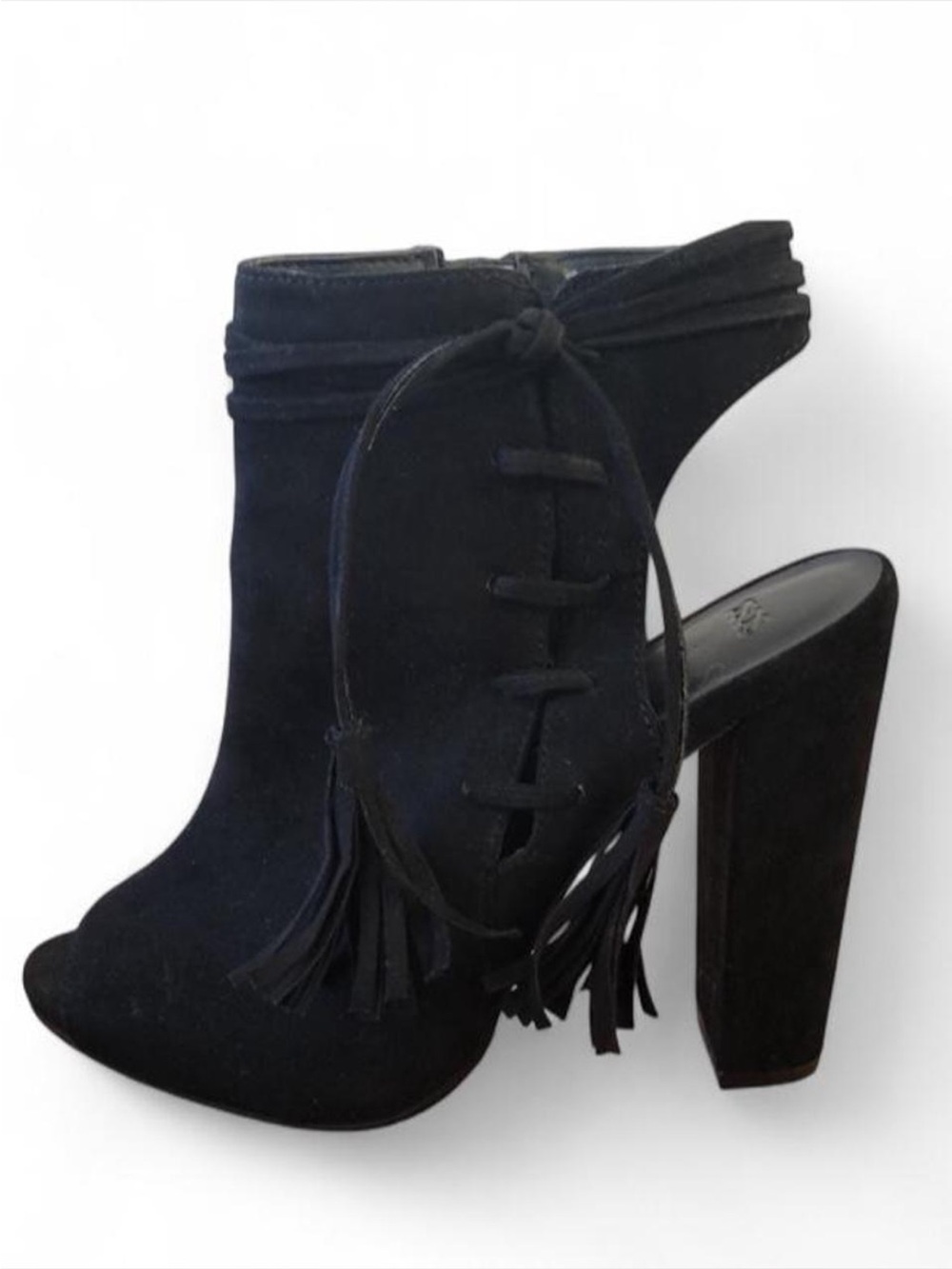 Black Suede Tassel Block Heel Ankle Bootie